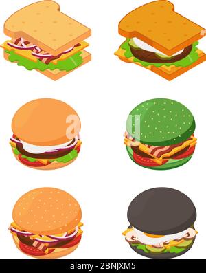 Isometric burgers and sandwich. Fast food pictures set Stock Vector