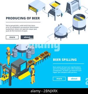 Brewery banners. Vector isometric illustrations of beer production Stock Vector