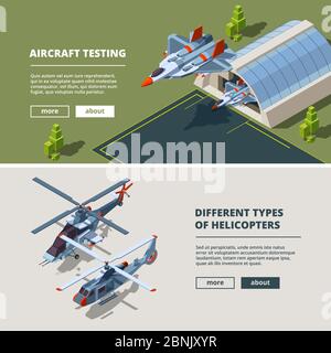 Banners with airplanes pictures. Military isometric aircrafts Stock Vector