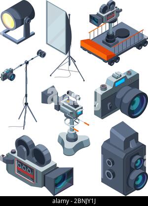 Photo video cameras. Various equipment of video or photo studio Stock Vector