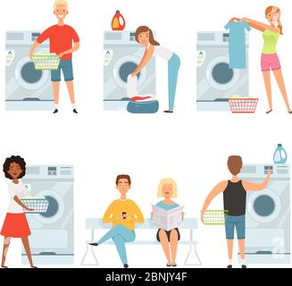Laundry service characters. Vector washing house mascot design Stock Vector