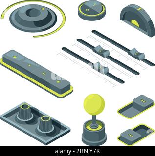Isometric buttons. Realistic 3D pictures of various UI buttons Stock Vector