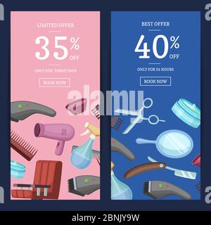 Vector vertical web banners, card or flyer with hairdresser or barber cartoon elements illustration Stock Vector