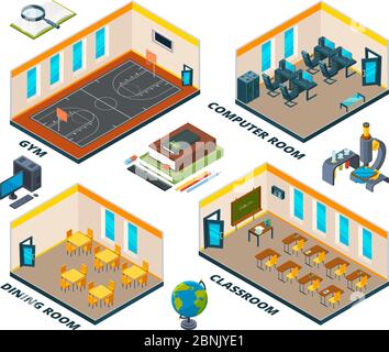 Isometric school interior. Building with various classes of institute or school Stock Vector