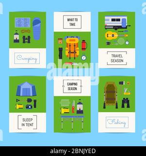 Vector set of cards with flat style camping elements Stock Vector