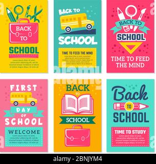 Cards with schools symbols. Back to school cards template isolate Stock Vector