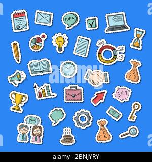 Vector business doodle icons stickers set illustration Stock Vector