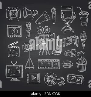 Vector cinema doodle icons on black chalkboard illustration Stock Vector