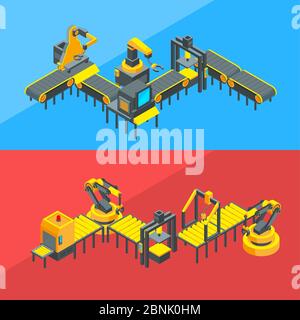 Vector isometric conveyor elements concept illustration Stock Vector