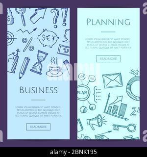 Vector business doodle icons vertical web banners illustration Stock Vector