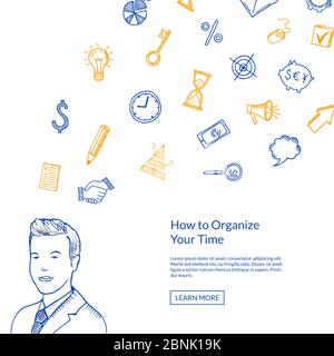 Vector business doodle icons with hand drawn businessman background with place for text illustration Stock Vector