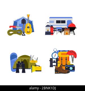 Vector set of flat style camping elements piles illustration Stock Vector