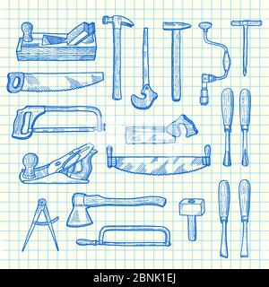 Vector hand drawn carpentry elements set on blue cell sheet background illustration Stock Vector