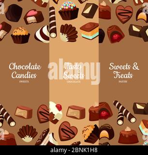 Vector vertical banners illustration with cartoon chocolate candies Stock Vector