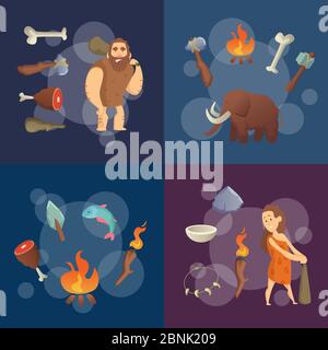 Stone Age elements. Vector cartoon cavemen illustration Stock Vector