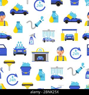 Vector car wash flat icons pattern or background illustration Stock Vector