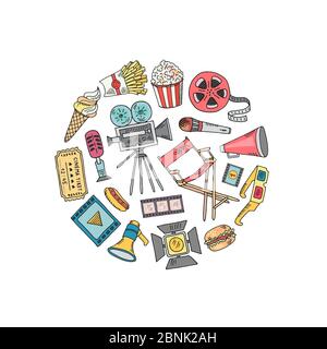 Vector cinema doodle icons in circle shape illustration Stock Vector