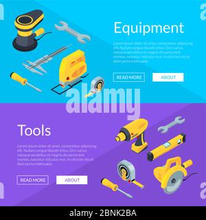 Vector construction tools isometric icons horizontal web banners illustration Stock Vector