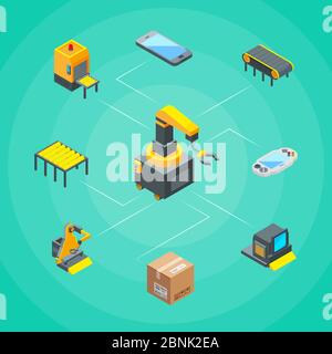 Vector isometric conveyor elements infographics concept illustration Stock Vector