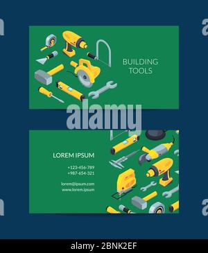 Vector construction tools isometric icons card template Stock Vector