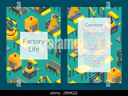 Vector isometric conveyor elements card Stock Vector