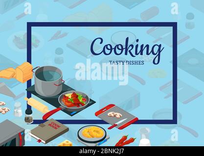 Vector cooking food isometric objects background illustration Stock Vector