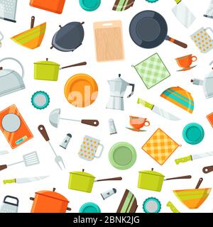 Vector kitchen utensils flat icons background or pattern illustration Stock Vector