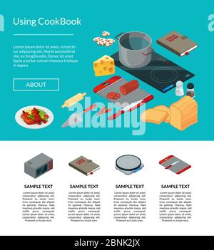 Vector cooking food isometric objects website page illustration Stock Vector
