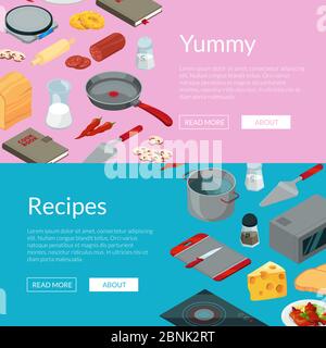 Vector cooking food isometric objects banners illustration Stock Vector