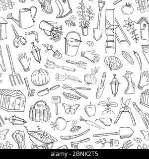 Vector gardening doodle icons background or pattern illustration Stock Vector