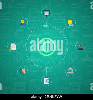 Vector flat style copyright elements infographic on gradient background with linear copyright icons Stock Vector