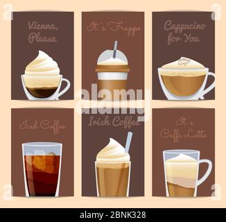 Vector different filled coffee cups card templates with place for text Stock Vector