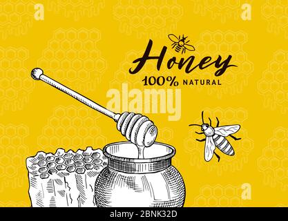Vector background with sketched contoured honey theme elements on honeycombs background Stock Vector