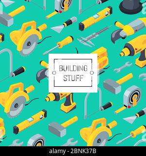 Vector construction tools isometric icons background illustration Stock Vector