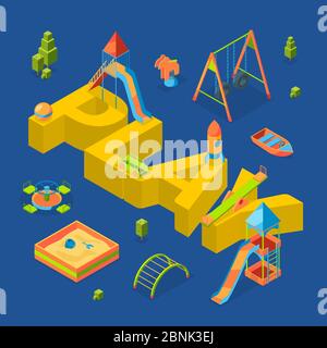 Vector isometric playground objects around word play concept illustration Stock Vector