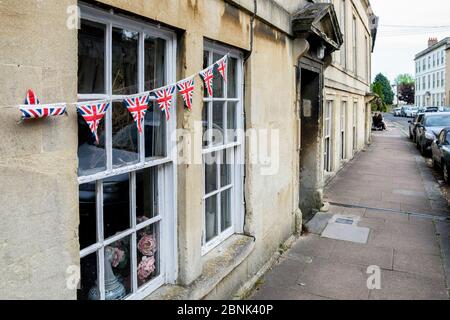 Union Jack flags and bunting is pictured on houses in Chippenham, Wiltshire as the UK commemorates the 75th Anniversary of VE Day Stock Photo