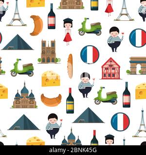 Vector cartoon France sights and objects background or pattern illustration Stock Vector