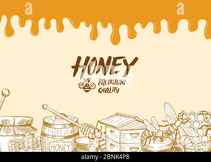 Vector background with sketched honey elements, dripping honey Stock Vector
