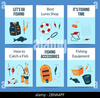 Vector card or flyer set with cartoon fishing equipment Stock Vector