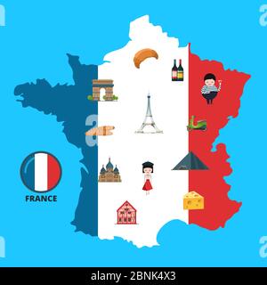 Vector cartoon France sights on France map illustration Stock Vector