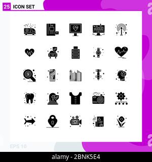 Pictogram Set of 25 Simple Solid Glyphs of modem, graph, learning, computer, business Editable Vector Design Elements Stock Vector