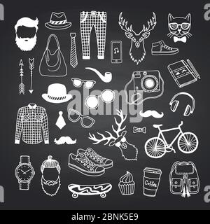 Vector hipster doodle icons on black chalkboard illustration Stock Vector