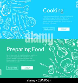 Vector banners illustration with hand drawn kitchen utensils Stock Vector