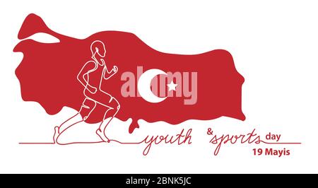 Ataturk Youth and Sports day simple red vector banner, poster, illustration. Turkish holiday on may 19. One continuous line drawing of running boy Stock Vector