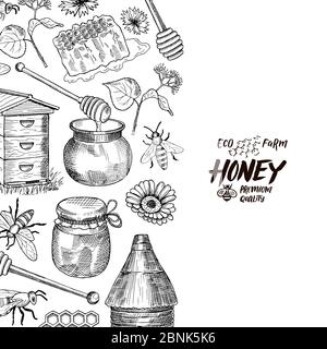 Vector background with sketched honey elements with place for text Stock Vector