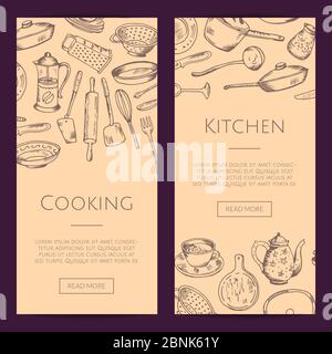 Vector banners illustration with hand drawn kitchen utensils Stock Vector
