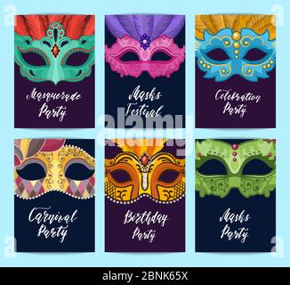 Vector card or flyer templates set with carnival masks illustration Stock Vector