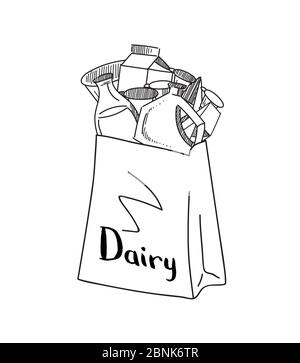 Vector sketched dairy products gathered in paper bag Stock Vector