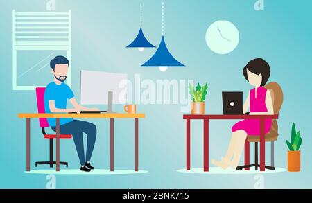 people sitting on chair and working with laptop in social networks. Flat illustration top view of woman and man relaxing at home, drinking coffee Stock Vector