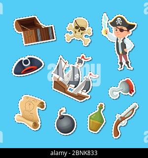 Vector cartoon sea pirates stickers set illustration Stock Vector